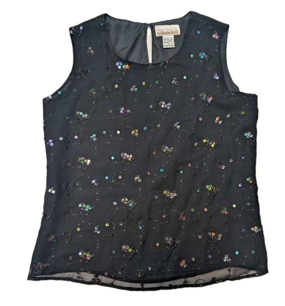 New York City Design Co Silk Sequin Sheer Tank Top Black Iridescent Vintage S